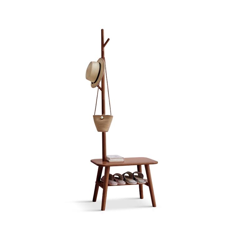 Natural Solid Wood Shoe Stool With Cloth Hanger, Mid-Century Modern Storage Bench with High Rebound Sponge Cushion