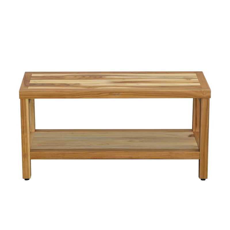 HomeRoots 36" Natural Solid Teak Rectangular Shower Bench With Shelf