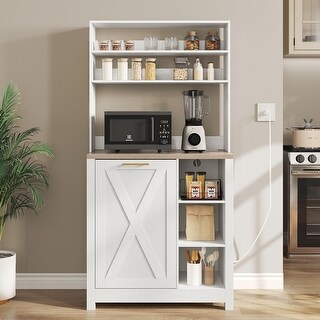 Bakers Rack with Trash Can Bin & Power Outlet, White - Bed Bath ...