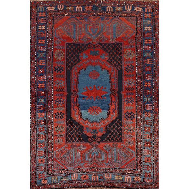 Orange & Blue Kazak Vegetable Dye Vintage Rug Hand-Knotted Wool Carpet - 5'4" x 8'1"
