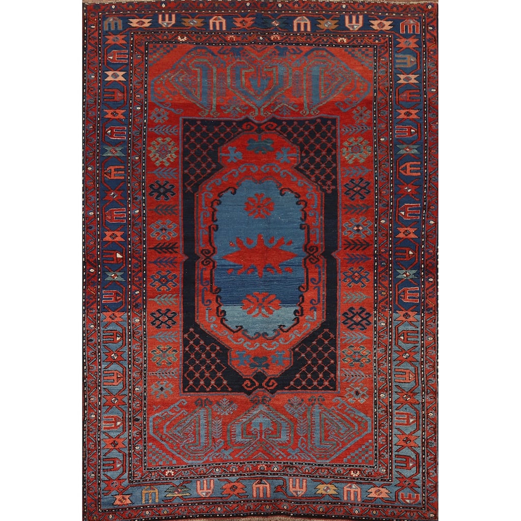 Orange & Blue Kazak Vegetable Dye Vintage Rug Hand-Knotted Wool Carpet - 5'4" x 8'1"