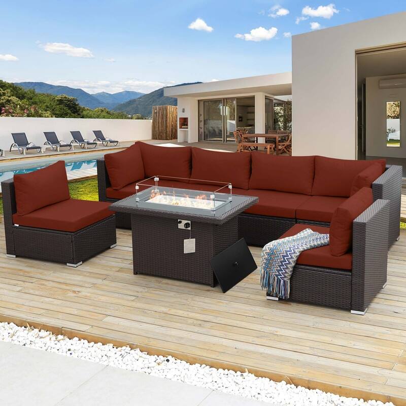 7-Piece Outdoor Deep Seating Sectional Wicker Patio Conversation Set with Fire Pit - Red