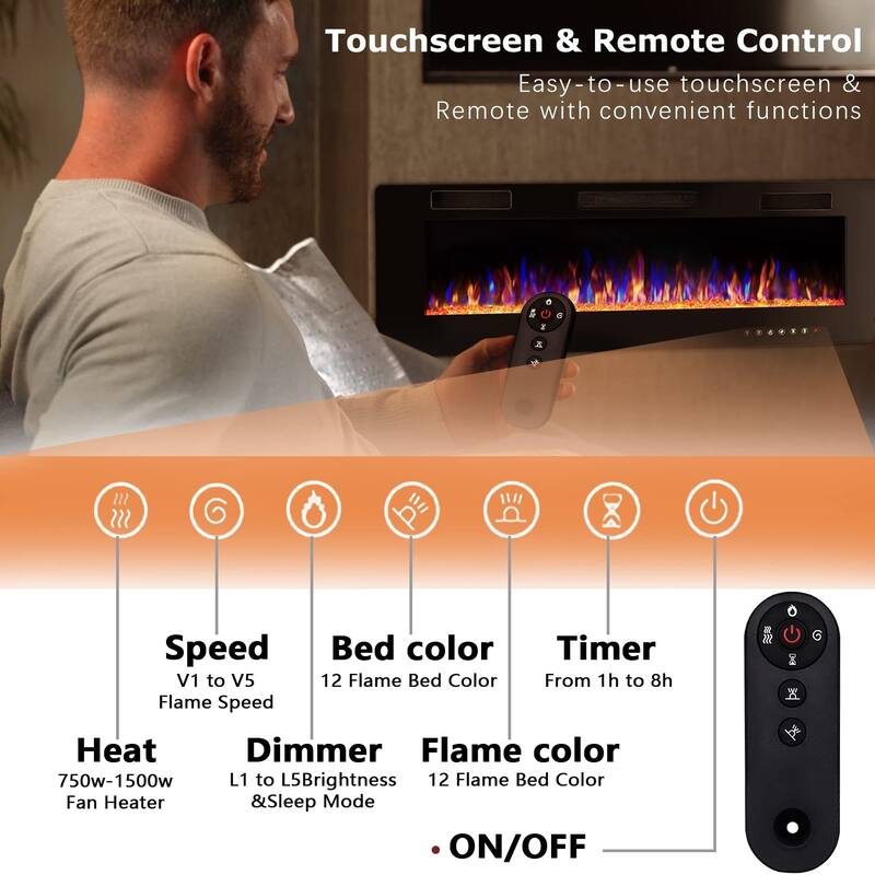 Bossin 30 to 72 inch Electric Fireplace Ultra-Thin and Silence Linear Recessed Wall Mounted Fireplace with Remote Control