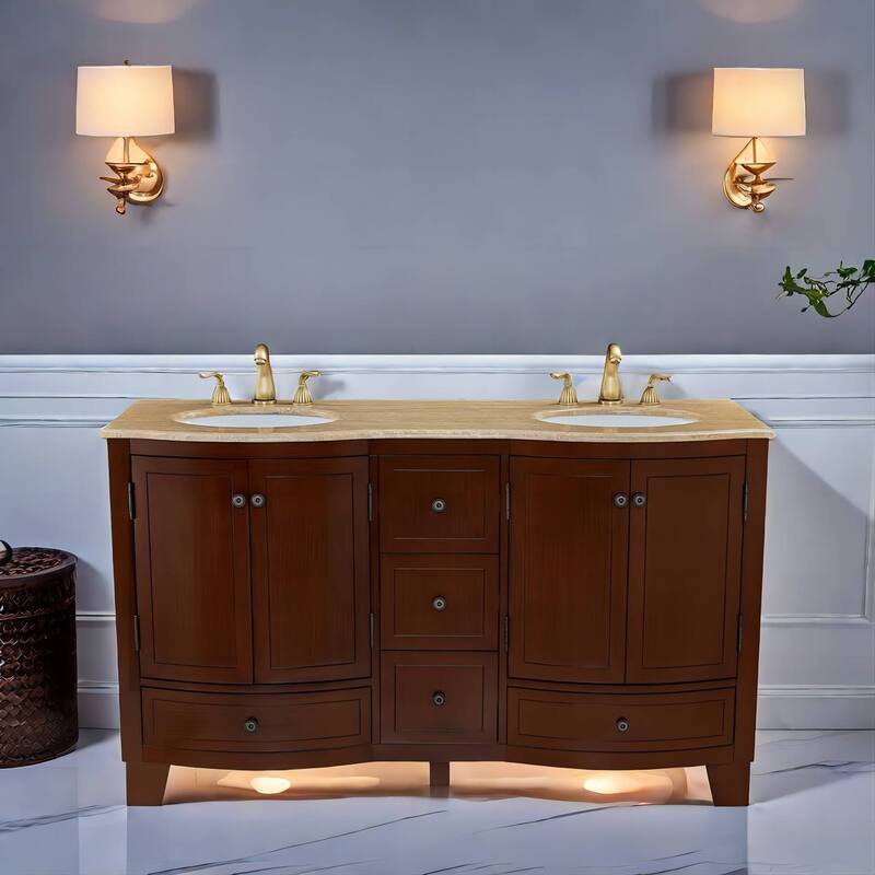 60 in. W x 22 in. D x 36 in. H Dark Cherry Bath Vanity with Double Sink and Brown Travertine Top, Ample storage - Wood Finish - Brown