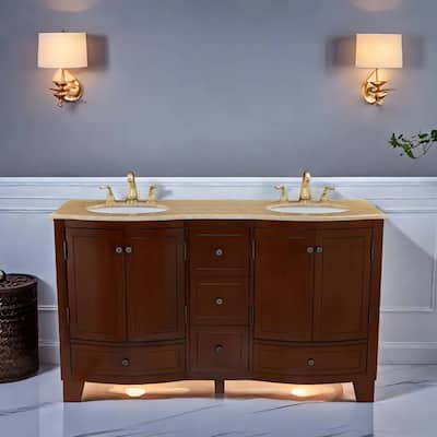 60 in. W x 22 in. D x 36 in. H Dark Cherry Bath Vanity with Double Sink and Brown Travertine Top, Ample storage