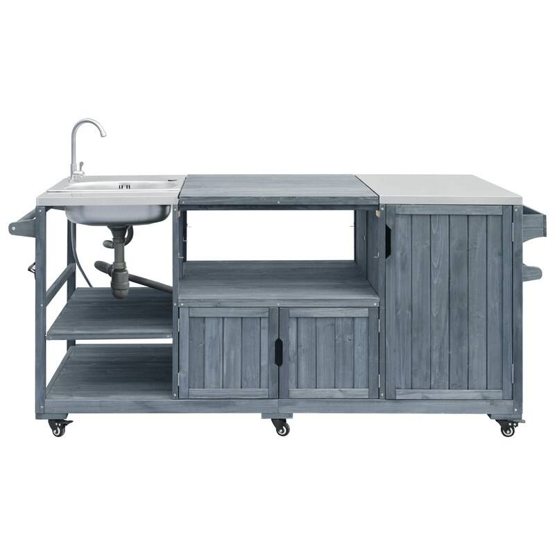 75.4" Rolling Outdoor Kitchen Island with Stainless Steel Top, Premium Solid Wood Grill Cart with Sink and Wheels for Outdoor