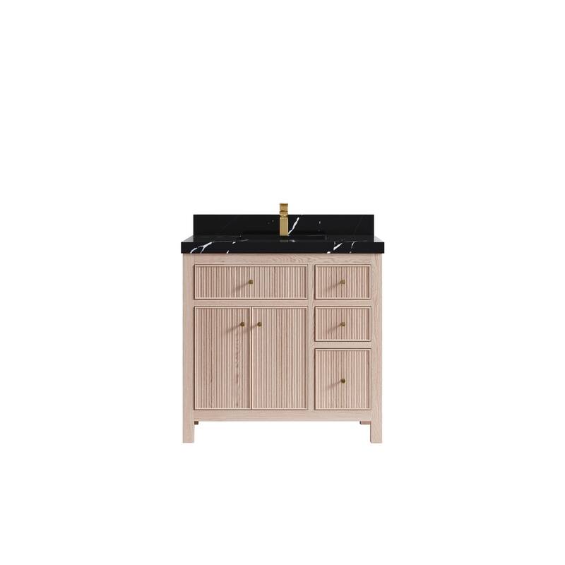Willow Collections 36 x 22 Sonoma Oak Wood Center Sink Left Bathroom Vanity with Quartz or Marble Countertop - 2"Calacatta Black - White Oak