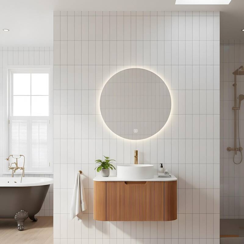 Wall Mounted Bathroom with White Round Ceramic Basin and Drawer - Natural Wood - 30