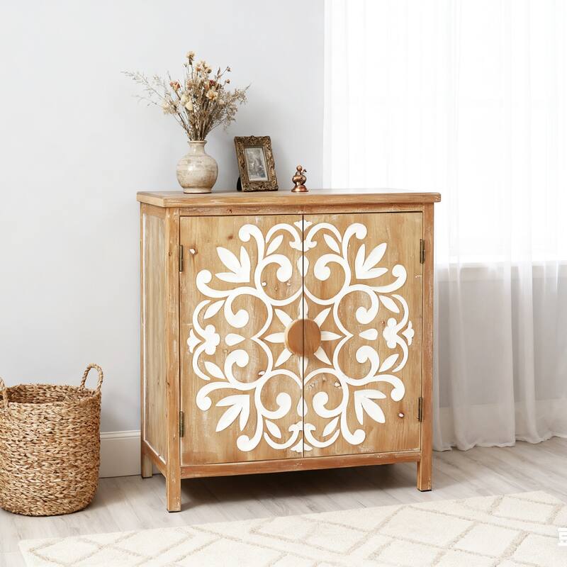 GDF Studio - Halden Rustic Wooden Accent Cabinet with Floral Carved Doors