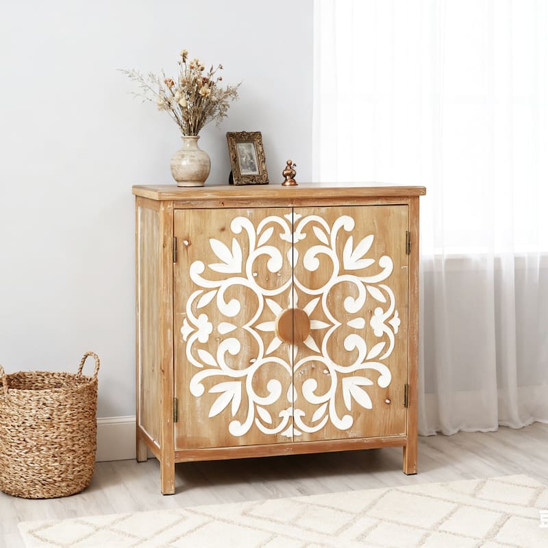 Rustic Wooden Accent Cabinet with Floral Carved Doors, 2 - Door Storage Cabinet for Living Room, Entryway, Dining Room
