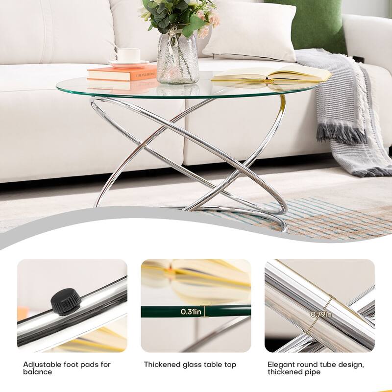 Tempered Glass Top Round Coffee Table with Metal Base - 31.5"Dia Top x 17.7"H x 23.6"Dia Base