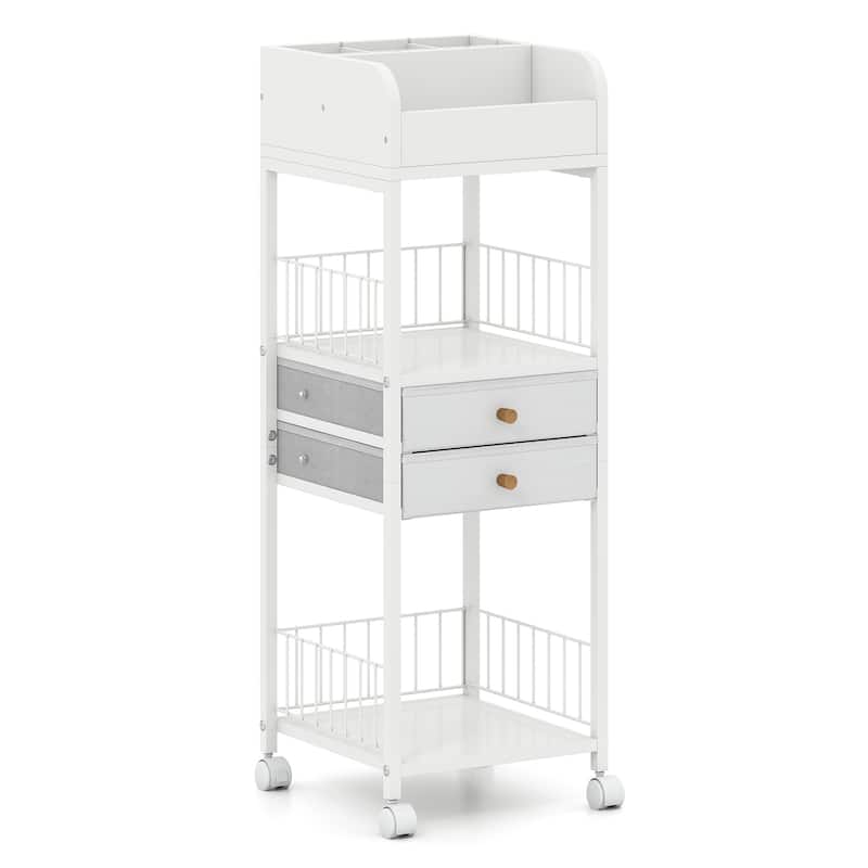 White Rolling Makeup Organizer with Drawers and Shelves Metal Vanity Storage Cart with Wheels - 12" x 12" x 35.5"