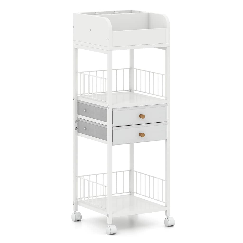 White Rolling Makeup Organizer with Drawers and Shelves Metal Vanity Storage Cart with Wheels - 12" x 12" x 35.5"