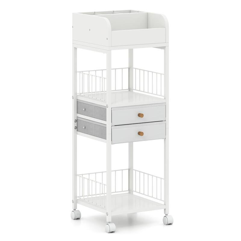 White Rolling Makeup Organizer with Drawers and Shelves Metal Vanity Storage Cart with Wheels - 12" x 12" x 35.5"