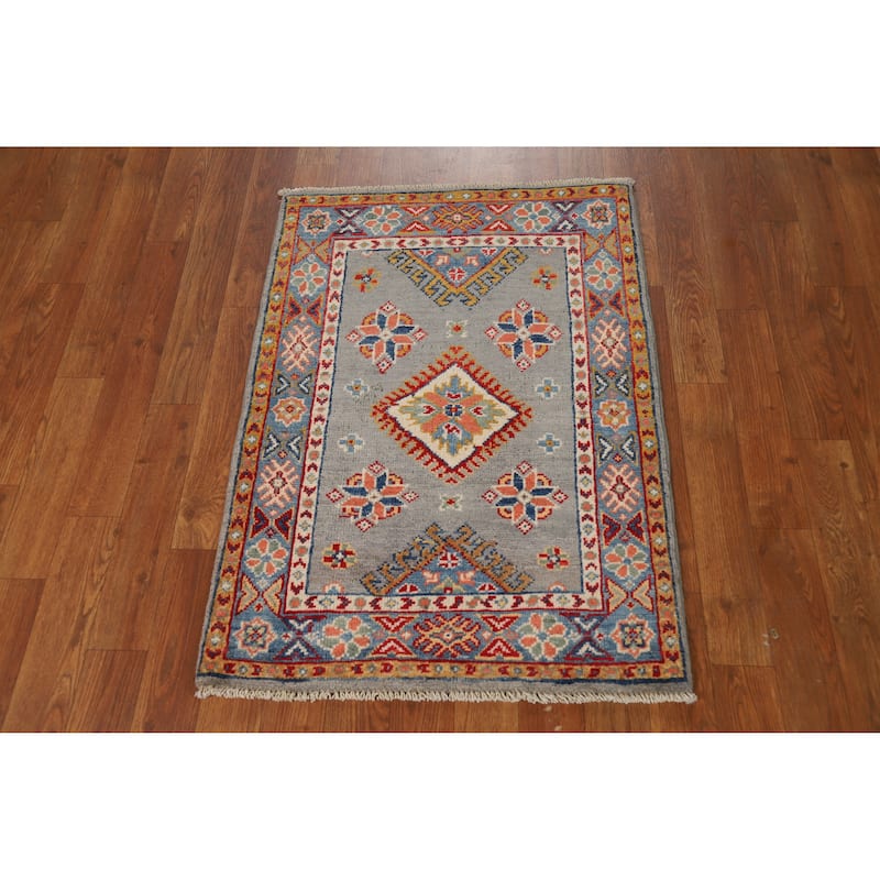 Traditional Kazak Oriental Foyer Rug Hand-Knotted Grey Wool Carpet - 2'0"x 3'0"