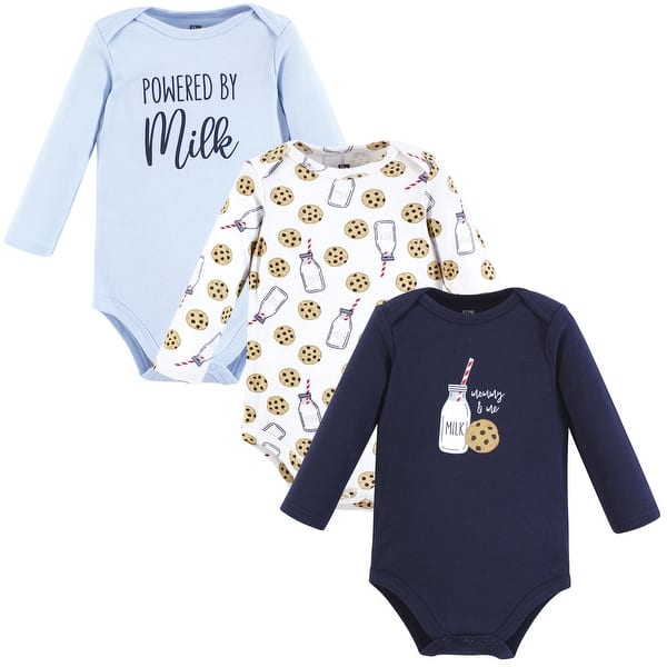 slide 1 of 1, Hudson Baby Cotton Long-Sleeve Bodysuits, Navy Milk And Cookie 0-3 Months - Navy Milk And Cookie