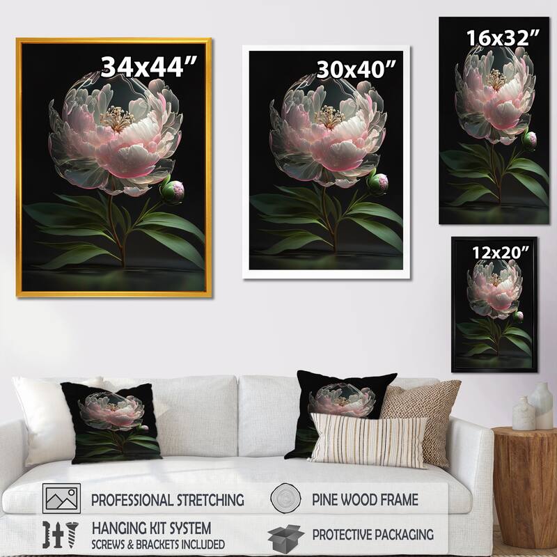 Designart "Pink Green Peonies Petals" Floral Peony Framed Wall Art Prints