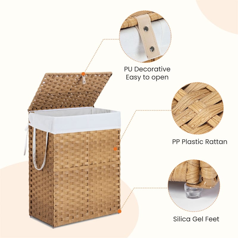 Laundry Hamper with Lid, Synthetic Rattan Clothes Laundry Basket with Lid and Handles, Foldable, Removable Liner
