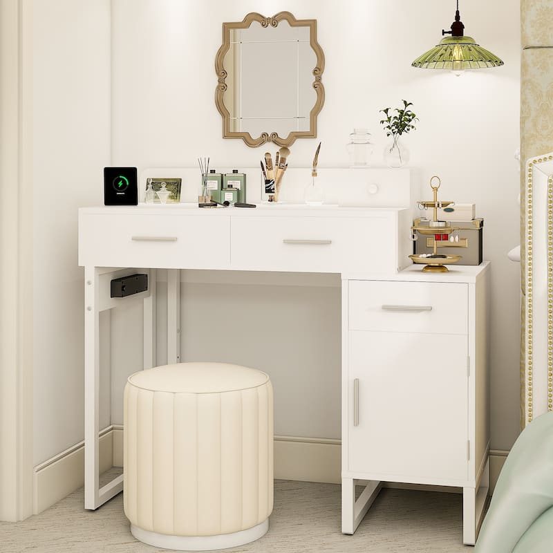 Reversible Makeup Vanity Desk With Charging Station and 4 Wooden Drawers and 1 Cabinet - White