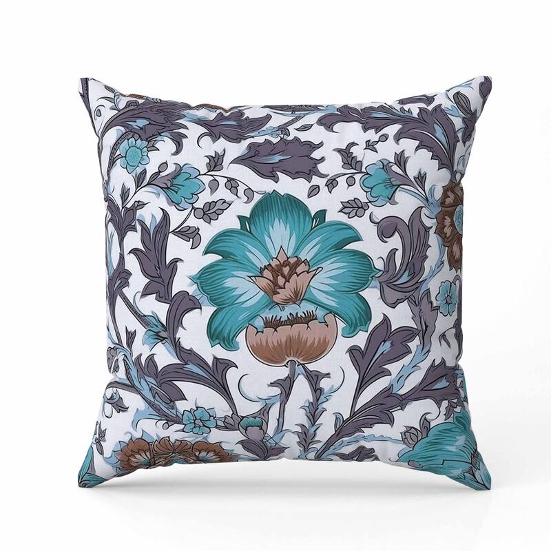 Mughal Era Garden Treasures Faux Suede Reversible Throw Pillow White and Aquamarine