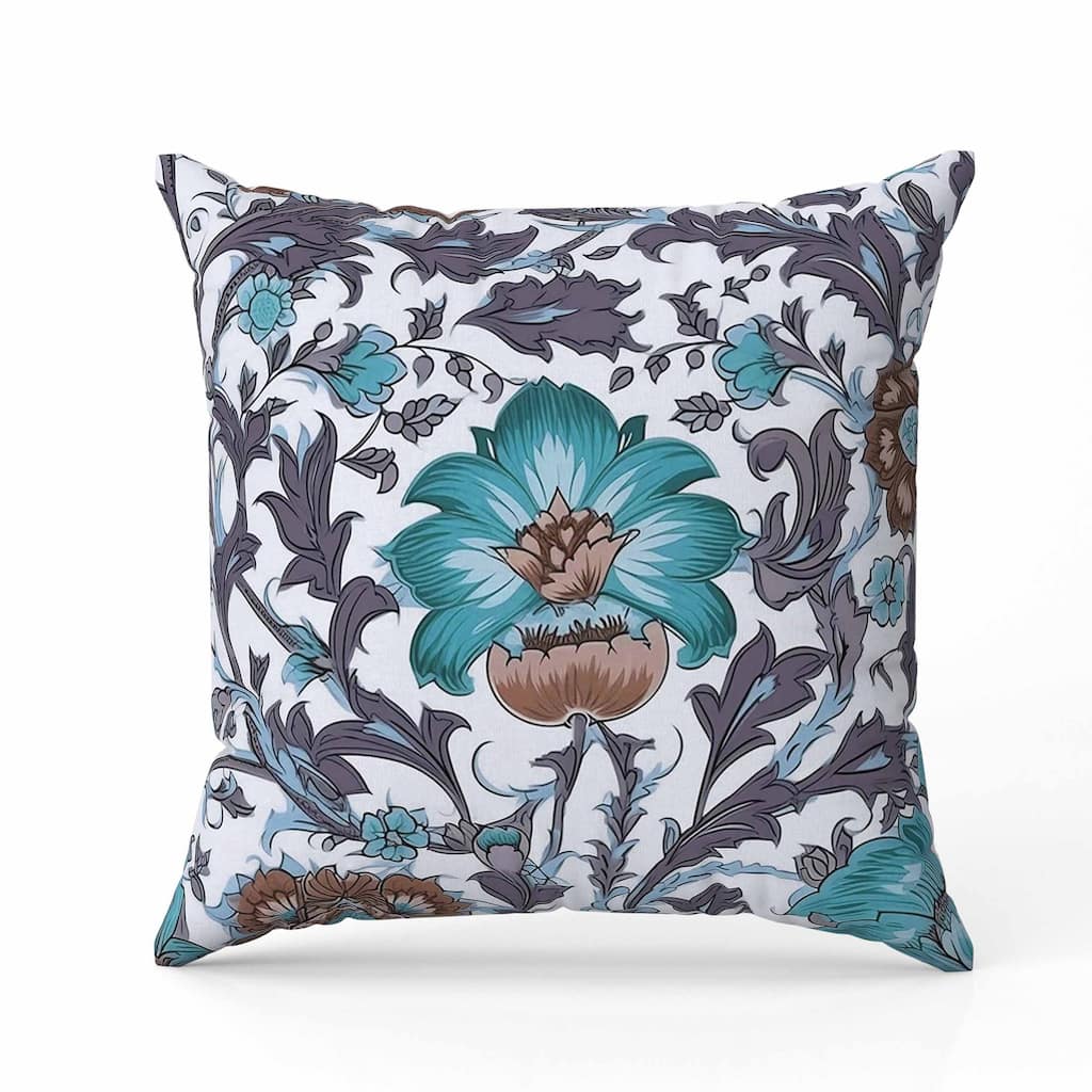 Mughal Era Garden Treasures Indoor/Outdoor Reversible Throw Pillow White and Aquamarine
