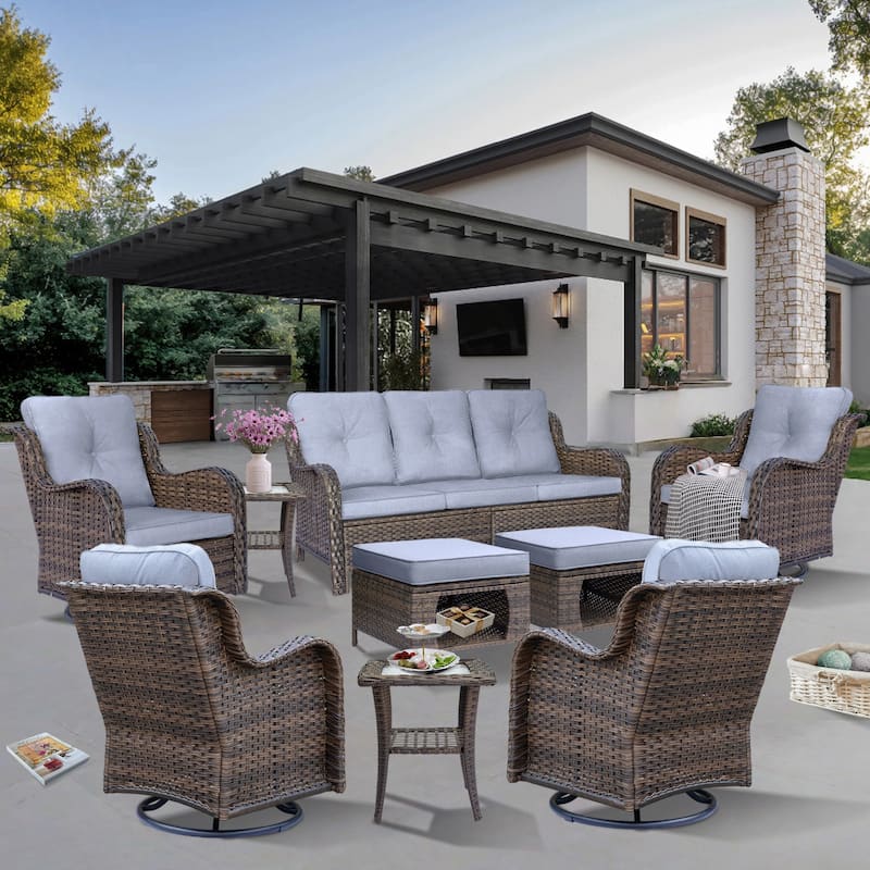 9-piece Wicker Outdoor Patio Furniture Sets with Swivel Rocker Chairs
