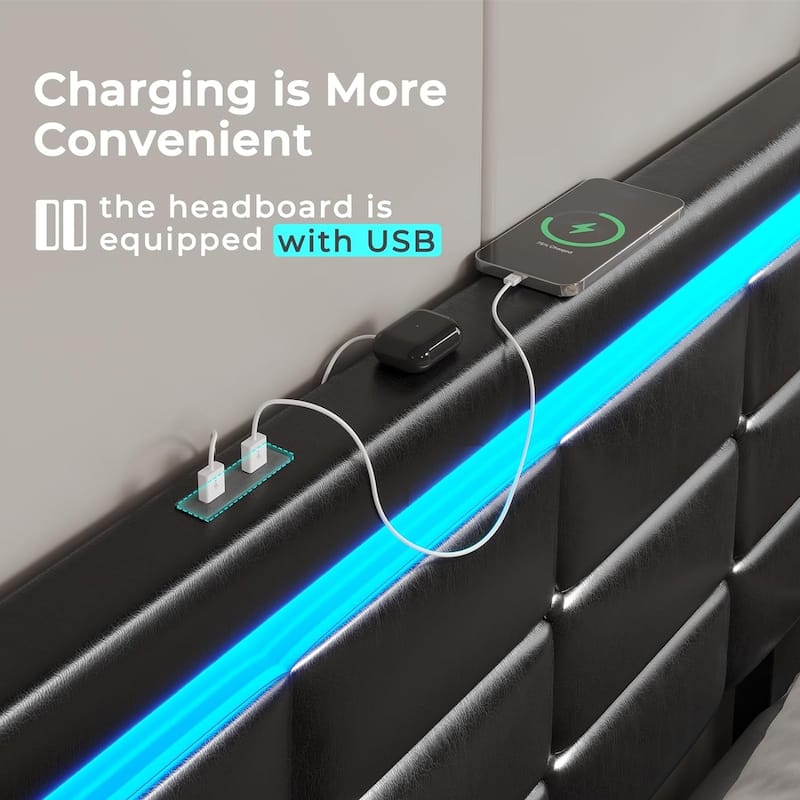 LED Bed Frame Platform Bed 2 USB Ports 4 Storage Drawers