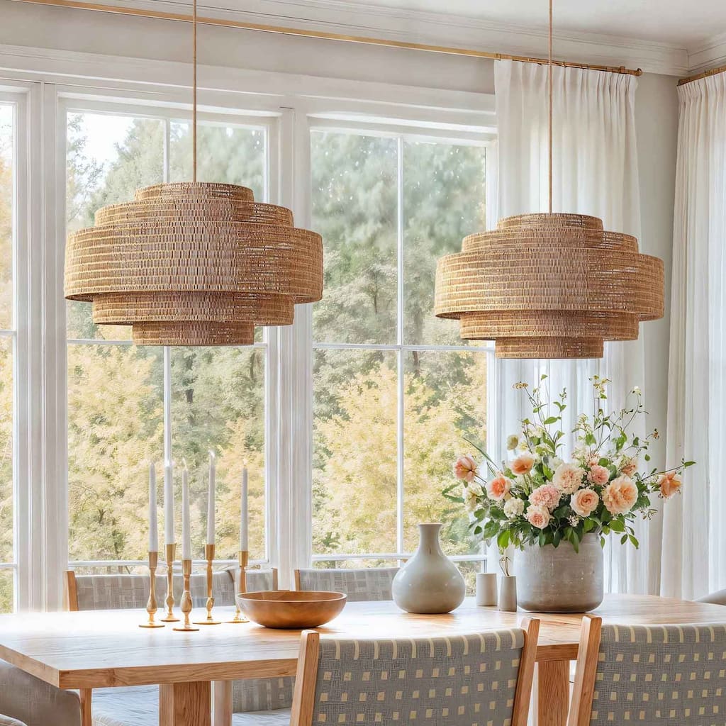 Starry Rattan Pendant Light Natural Large Tiered 1-Light Handwoven Ceiling Light For Modern, Transitional, Farmhouse Room Décor.