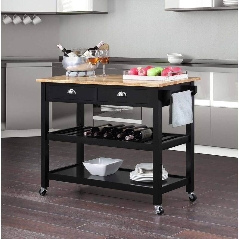 Convenience Concepts American Heritage 3 Tier Butcher Block Kitchen Cart with Drawers - Butcher Block/Black
