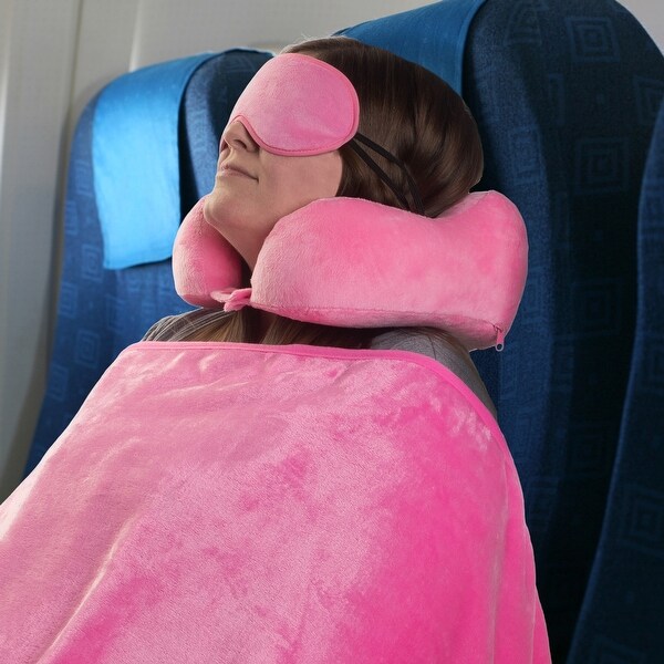 Travel Pillow Set - Memory Foam Pillow, Fleece Blanket, and Eye