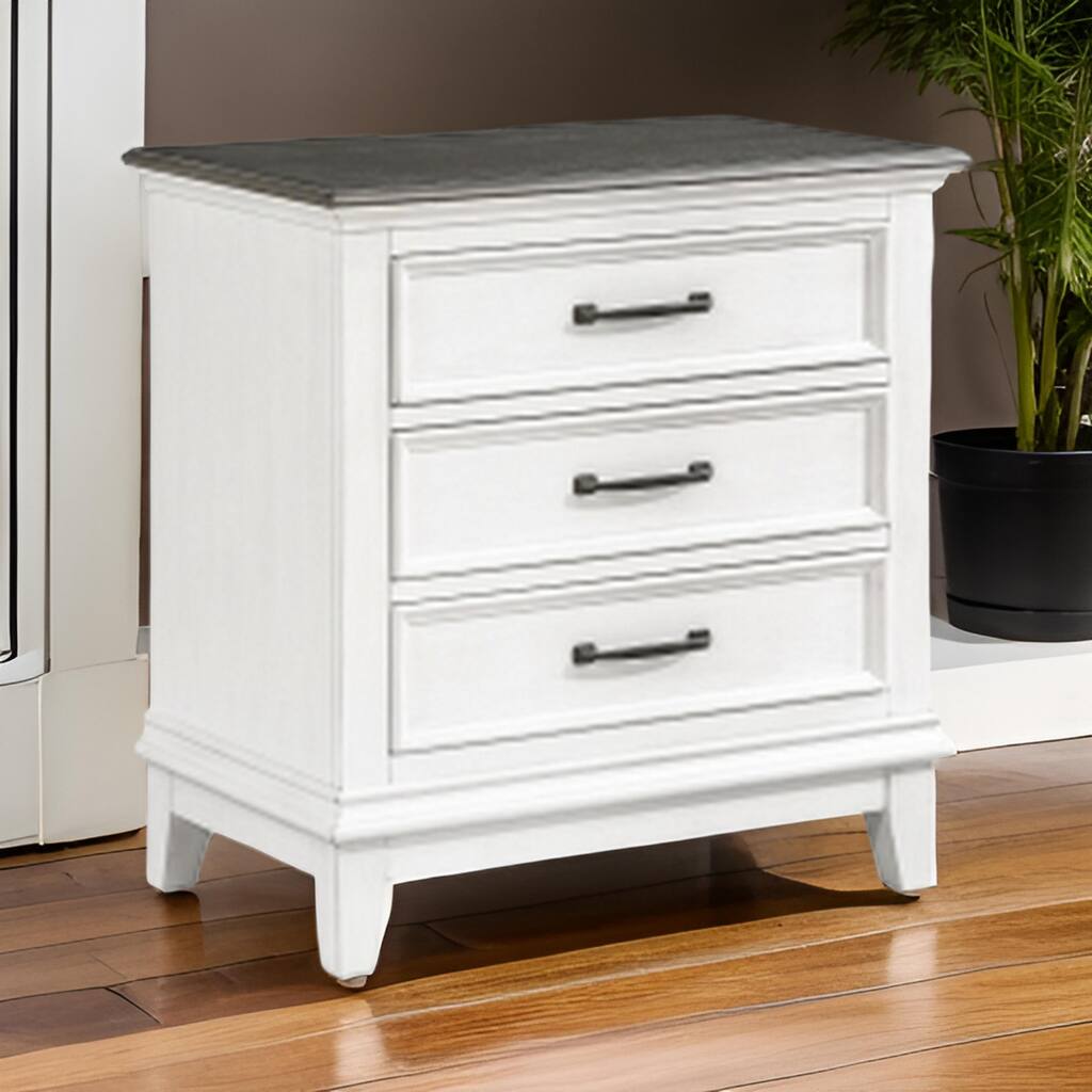 Woki 29 Inch Nightstand, 3 Drawers, USB Port, White, Brown Solid Wood