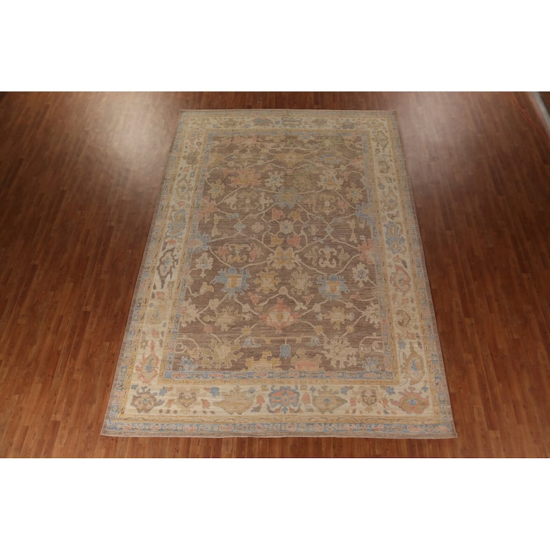 Floral Oushak Vegetable Dye Area Rug Hand-Knotted Brown Wool Carpet - 9'0"x 13'0"