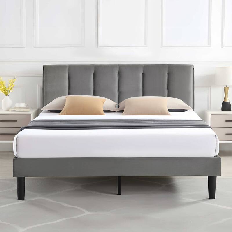 VECELO 3-Pieces Bedroom Sets Upholstered Bed Frame and Nightstands Set of 2 Dark Grey Platform Bed Frame