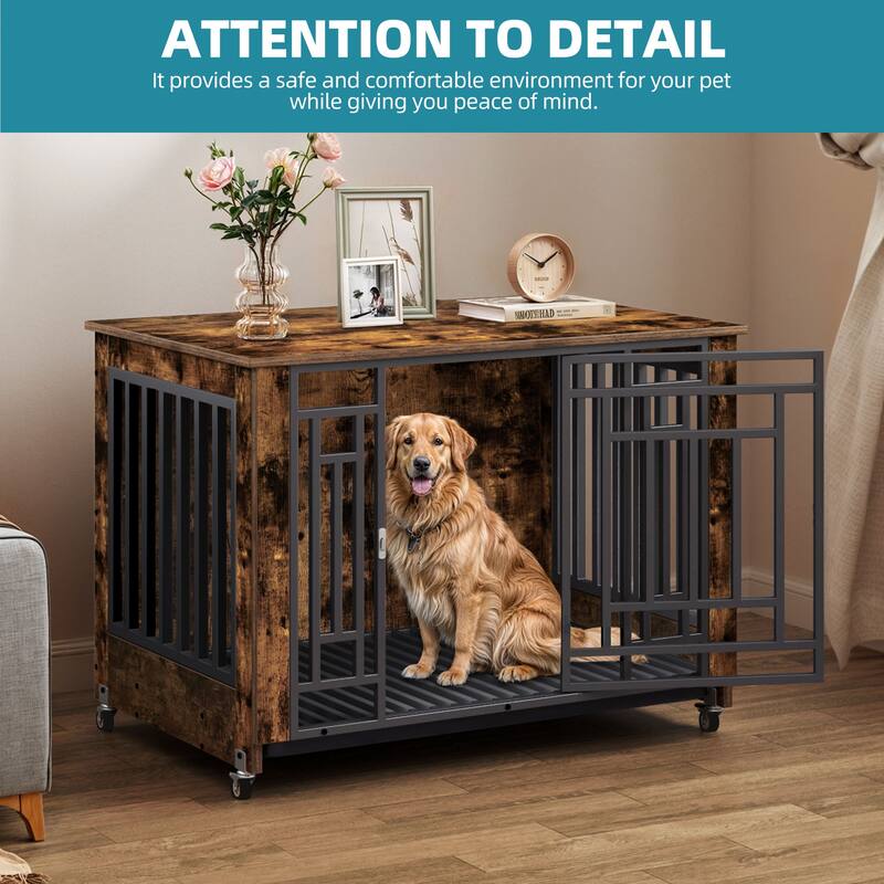 Dog Crate 32"/36" Furniture Wooden Side End Table with Wheels And Tray