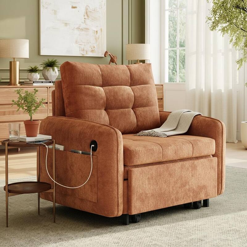 3-in-1 Multi-functional Tufted Chenille Lounge with Storage Space by Harper&Bright Designs - Orange