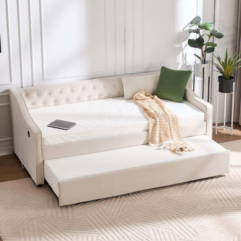 Twin Size Upholstered Daybed with Trundle Bed & Side Pockets