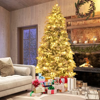 4.5FT/6FT/7 FT Pre-Lit Flocked Christmas Tree Hinged Holiday Tree