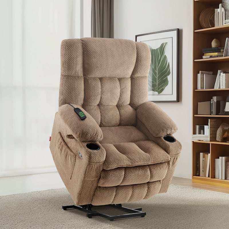 MCombo Medium Dual Motor Power Lift Recliner Chair Infinite Position, Massage and Heat, Extended Footrest, Fabric 7890 - Beige