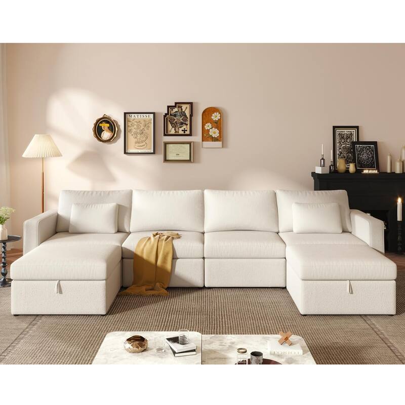 Modern Cotton Linen L-Shape Sectional Sofa, Oversized Upholstery Sectional Sofa, Chaise Couch with Storage Ottomans for Living R