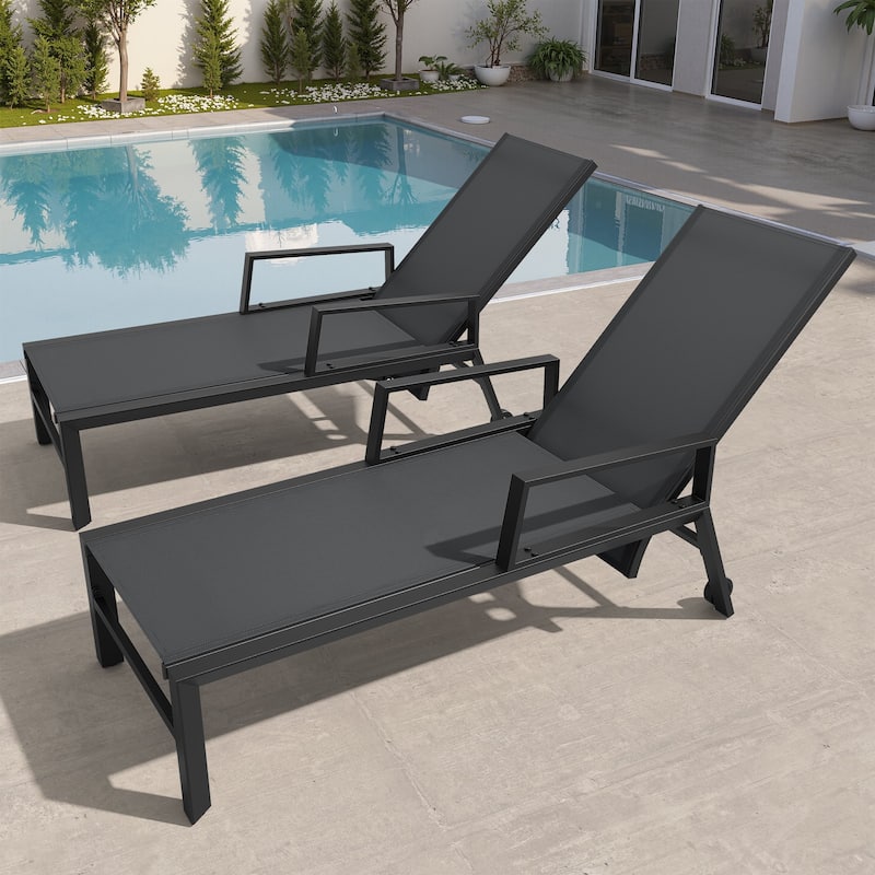 Outdoor Aluminum Adjustable Back Chaise Lounges with Wheels - Black - 2PC