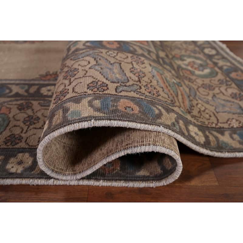 Distressed Tabriz Persian Vintage Area Rug Handmade Beige Wool Carpet - 7'10" x 11'1"