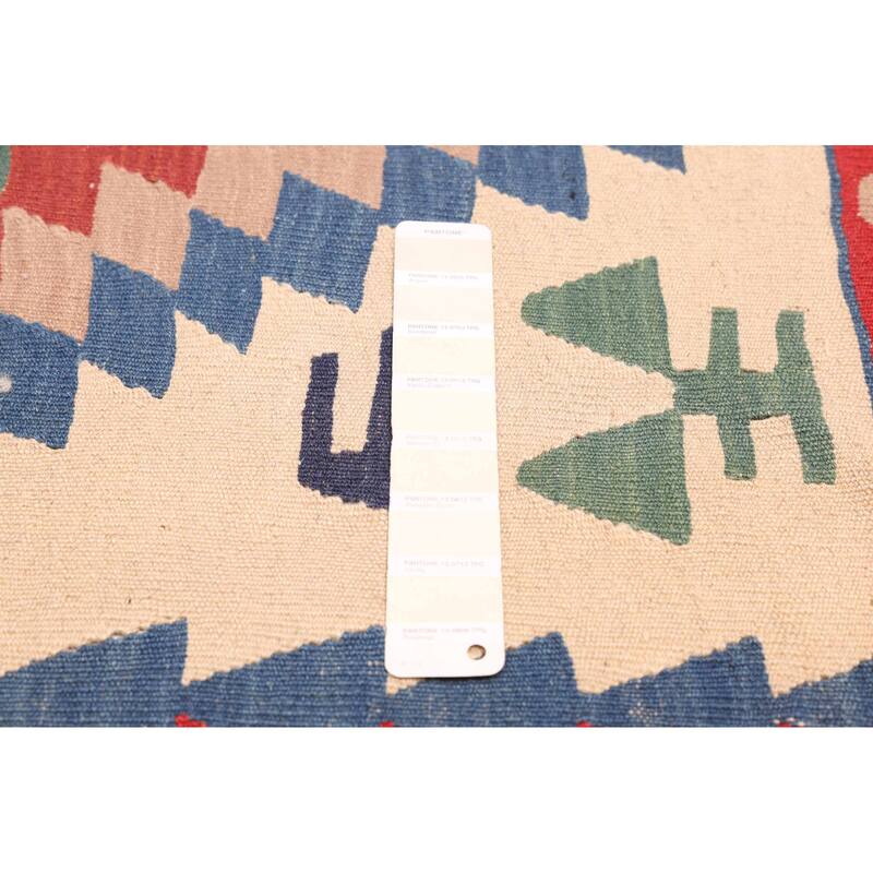 ECARPETGALLERY Flat-Weave Bold and Colorful Cream Wool Kilim - 3'8 x 5'7