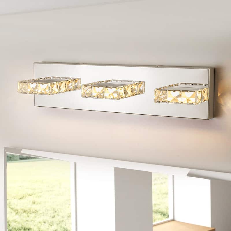 3-Light Modern Chrome Crystal Wall Light Square Integrated LED 3000K Bathroom Vanity Light