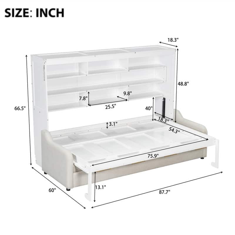 Full/Queen Size Murphy Wall Bed with LED Light and Folding Sofa, Space Saving Design Murphy Cbainet Bed wiht Storage Shelves