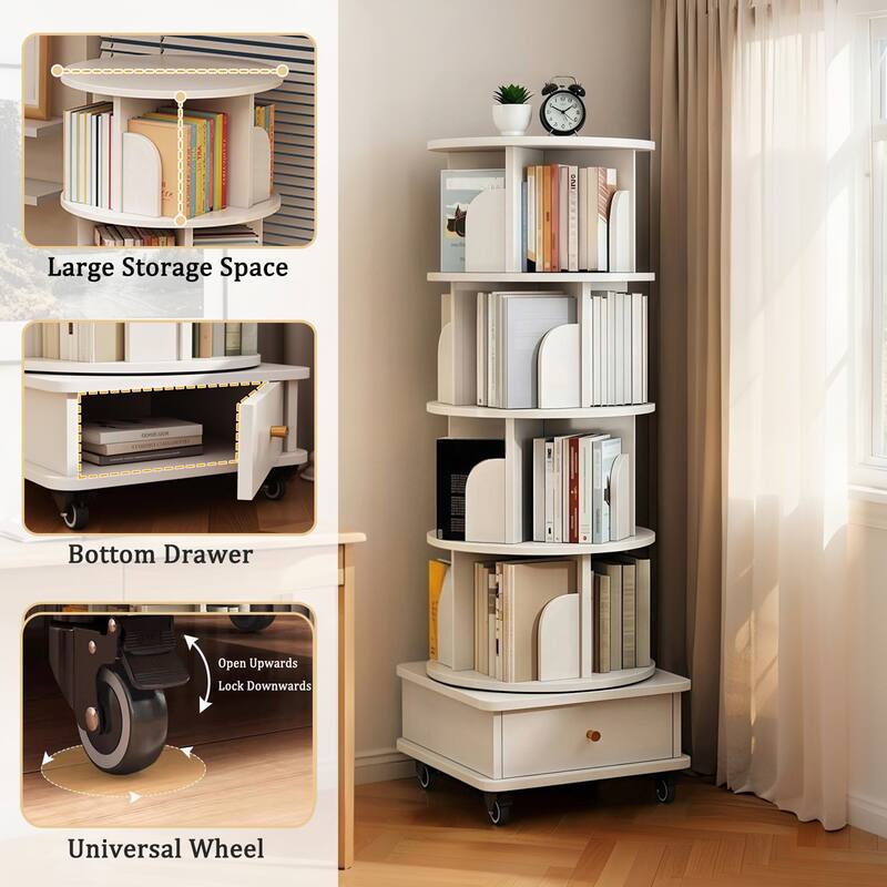 5 Tier Display Round Spinning Bookshelf with Wheels,Warm White