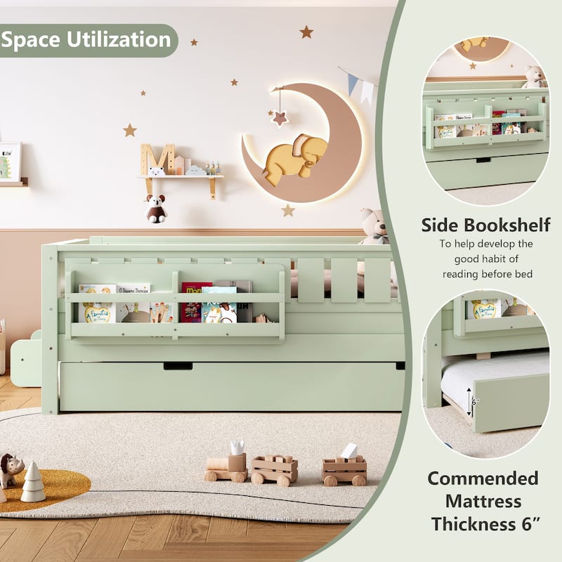 Full/Twin Loft Bed with Bookshelves, Safety Stairs & Trundle