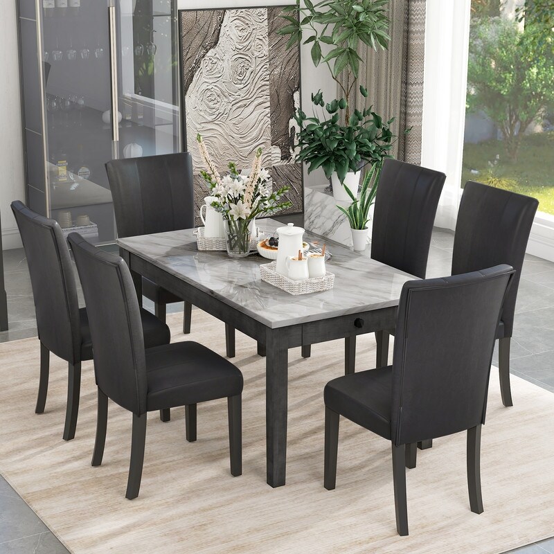 7 Piece Dining Table Set with 2 Drawers Faux Marble Dining Table and 6 PU leather Chairs Set