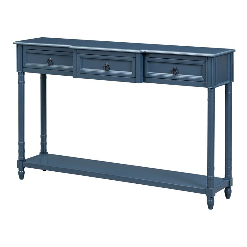52in Console Table, Sofa Table With 3 Projecting Drawers, Botton Long Open Shelf Solid Wood Mufti-Functional Table - Navy Blue