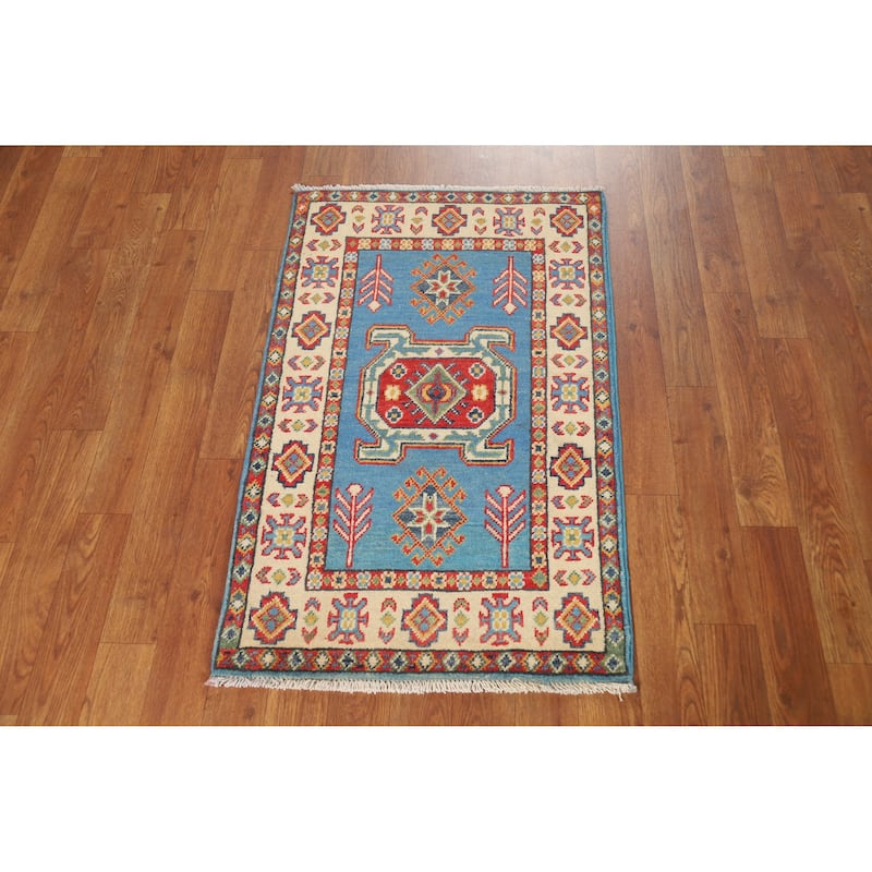 Traditional Kazak Oriental Foyer Rug Handmade Blue Wool Carpet - 2'0"x 3'0"