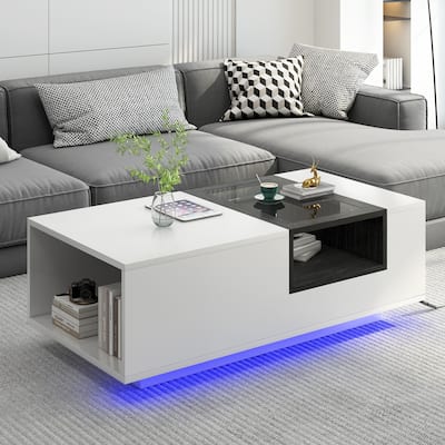 Modern Coffee Table, Glass Center Table with Open Display Storage Shelf and LED Lights for Living Room